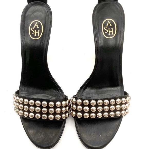 ASH Gold Studded Black Leather Ankle Cuff Heeled Strappy Sandals Size 38 | US 7 - Picture 9 of 16